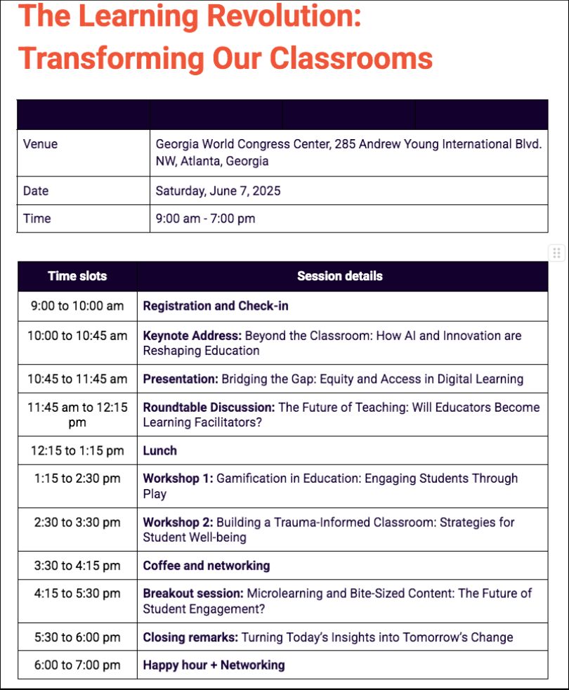 event schedule table